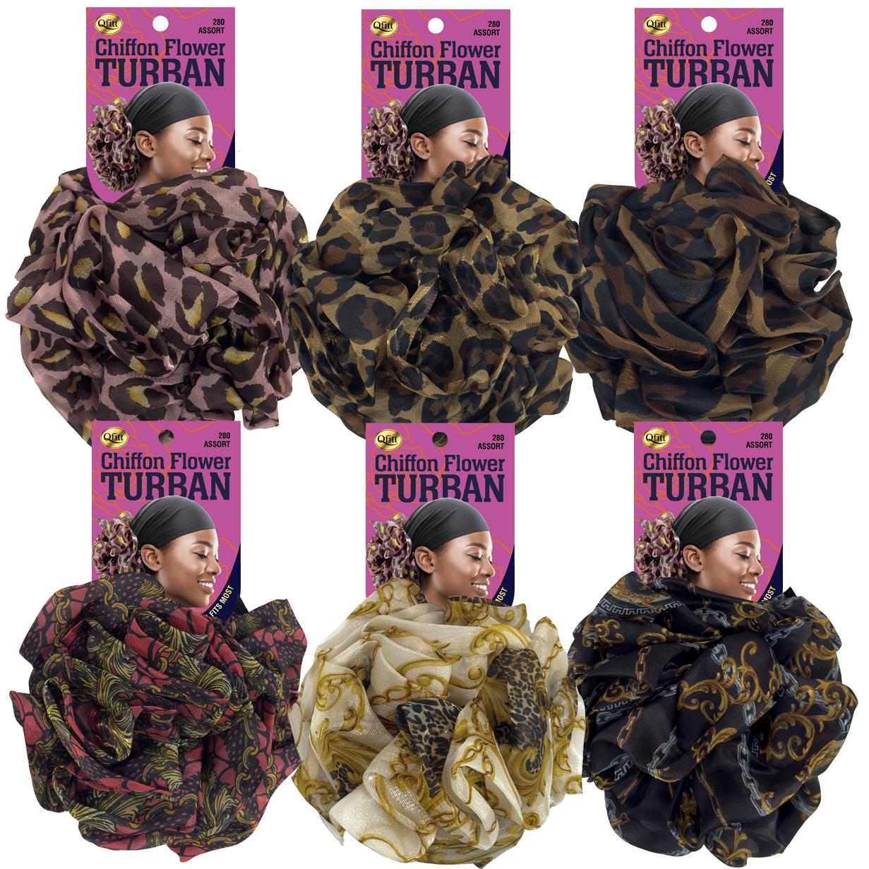 CHIFFON FLOWER PATTERN TURBAN [ASSORT-6 PIECES SET]