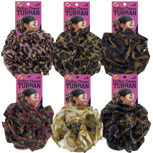 CHIFFON FLOWER PATTERN TURBAN [ASSORT-6 PIECES SET]